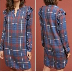 Anthropologie Blue Plaid Ruffle Shirt Dress small cottage core v neck blue red